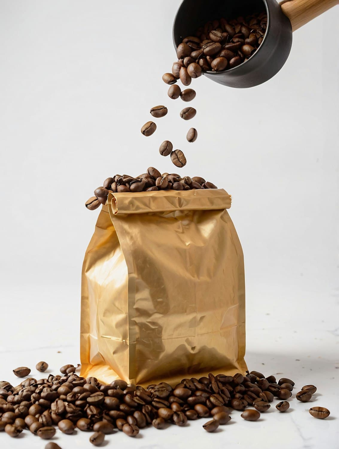 Bolsa dorada de Café Brújula llenándose de café en grano