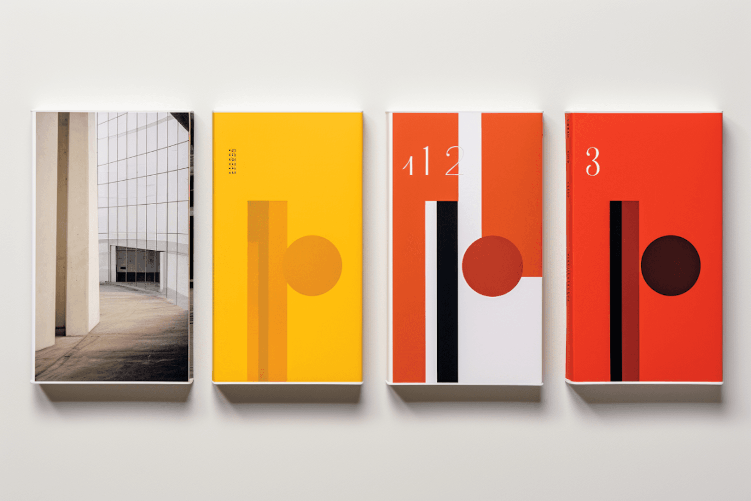 Cuatro cubiertas de la colección de Editorial Marea con formas geométricas en amarillo, naranja y rojo