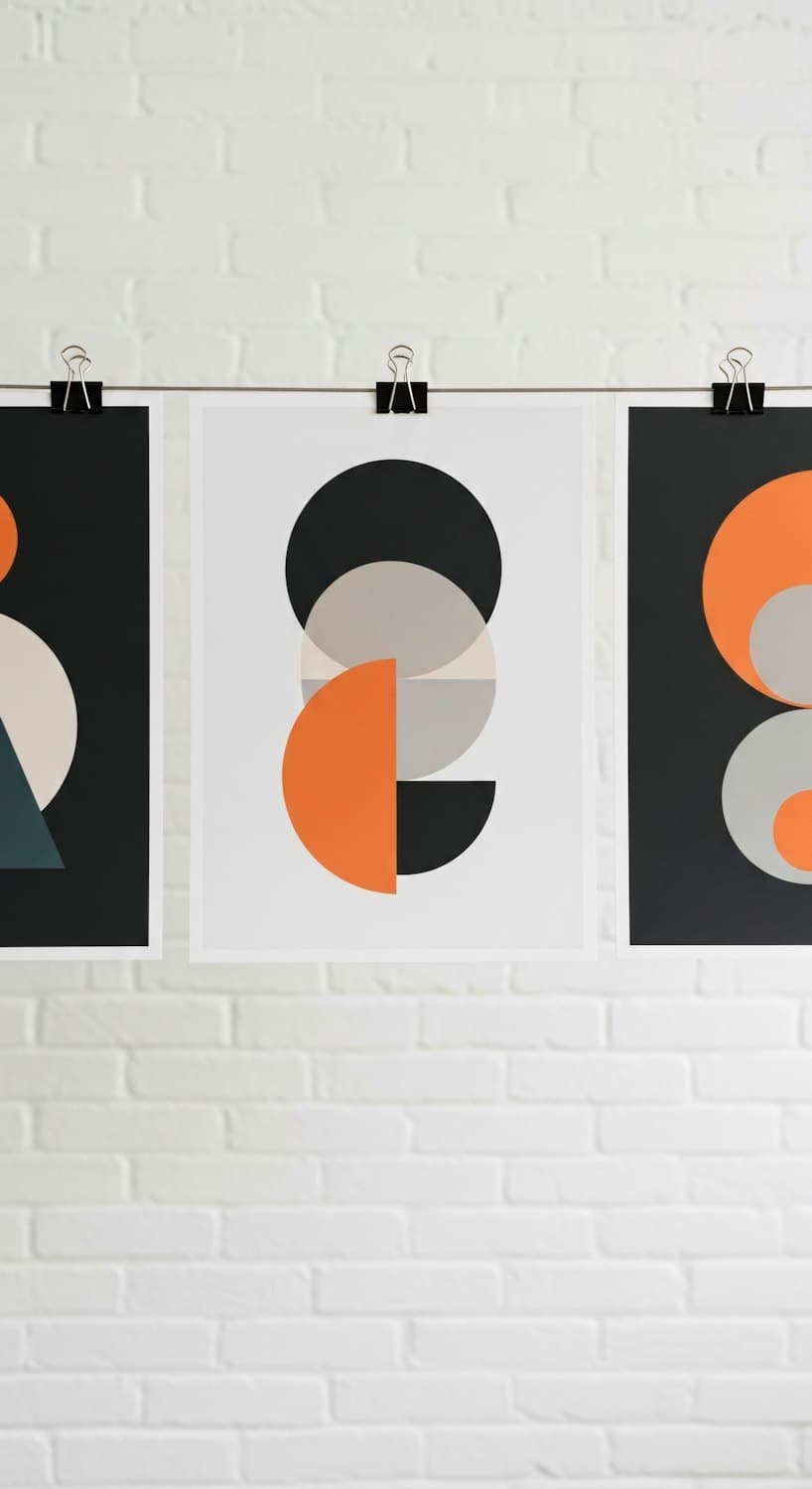 Serie de carteles geométricos en negro, naranja y gris colgados con pinzas sobre una pared de ladrillo blanco