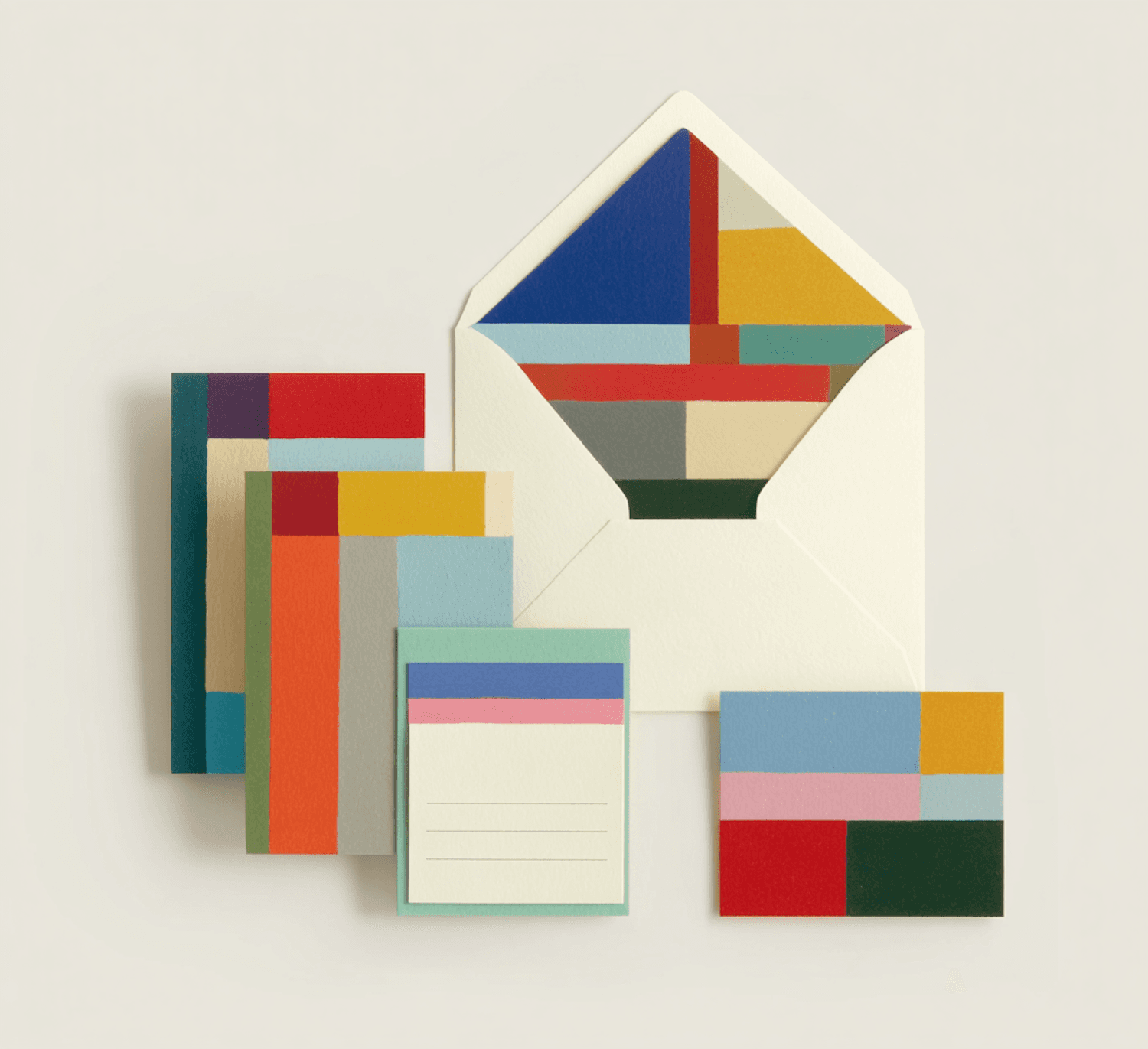 Papelería de Nido Arquitectos: sobre y tarjetas con bloques de color geométricos