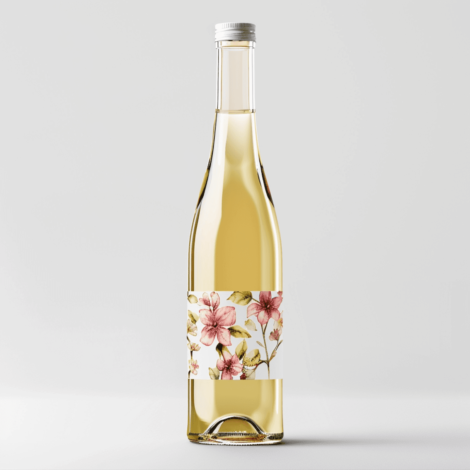 Botella de vino blanco de Sierra Alta con etiqueta de ilustración floral en tonos rosas