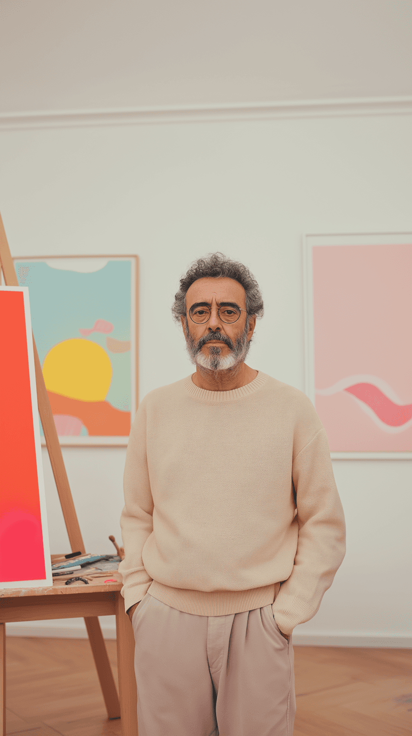 Retrato de Leo Marín en su estudio, rodeado de obra gráfica