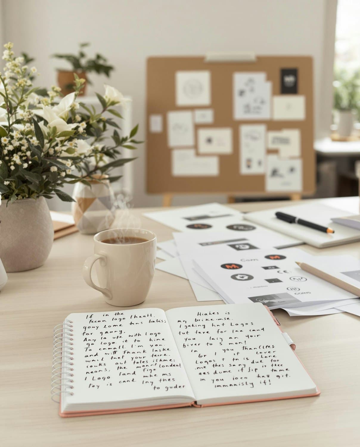 Mesa de trabajo con bocetos de logotipos, una taza de café y un tablero de corcho lleno de ideas